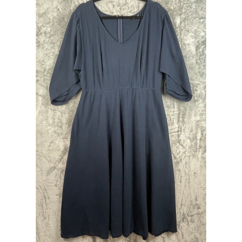 ESHAKTI Midi Dress Large / XL Blue Full Skirt Pockets Cotton Spandex Minimalist